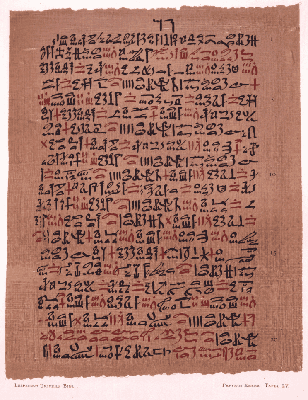 Ebers Papyrus displayed on aged brown papyrus sheets covered in dense hieratic script; an ancient Egyptian medical manuscript with visible wear and missing sections, reflecting the healing traditions and sacred knowledge that inspire Satjya Natjaru.
